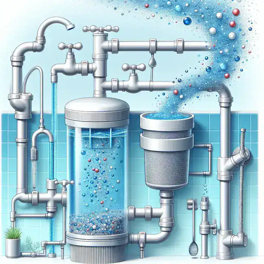 "Ejemplo de tecnologías de filtrado de microplásticos en sistemas domésticos, mostrando un dispositivo de filtración moderno que remove contaminantes del agua."