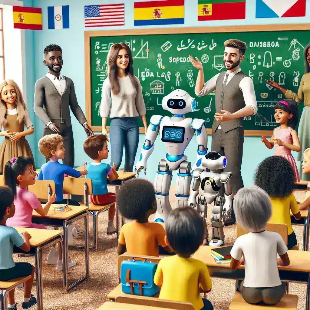 "Estudiantes en un colegio español utilizando robots educativos en una clase de primaria y secundaria, fomentando el aprendizaje práctico y la tecnología en la educación."