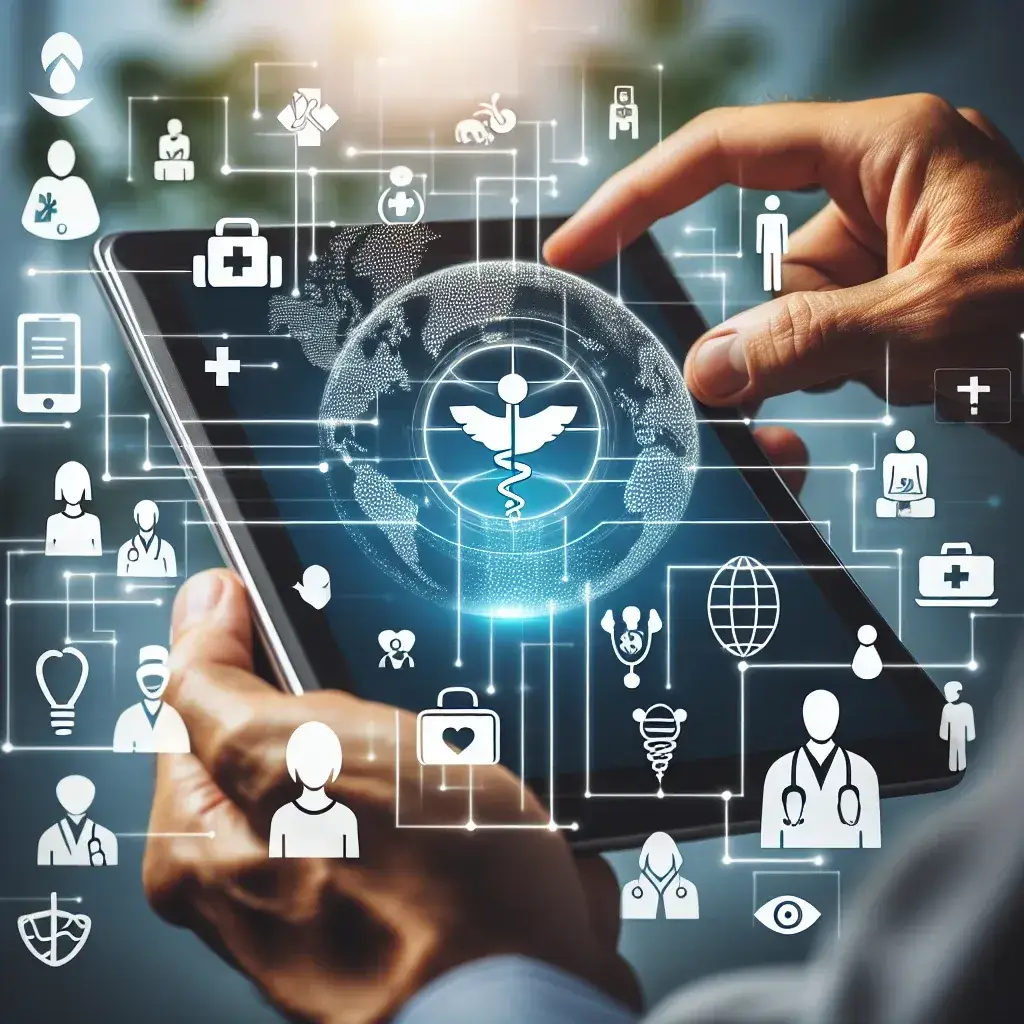 "Imagen que muestra un grupo diverso de profesionales de la salud utilizando tecnologías digitales, como telemedicina y aplicaciones móviles, para mejorar la accesibilidad sanitaria a nivel global, simbolizando las innovaciones en salud digital."